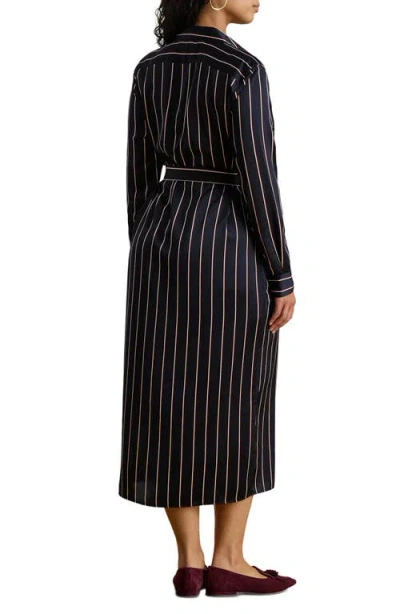 Ralph Lauren Lauren  Stripe Long Sleeve Satin Charmeuse Shirtdress In Blue