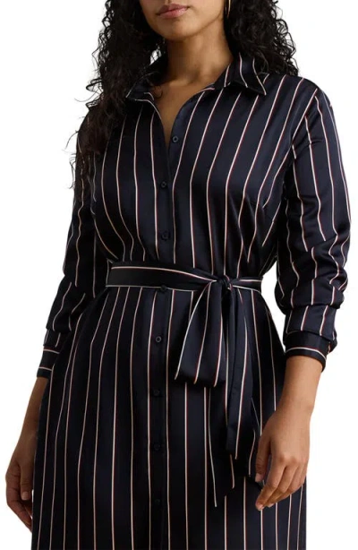 Ralph Lauren Lauren  Stripe Long Sleeve Satin Charmeuse Shirtdress In Blue
