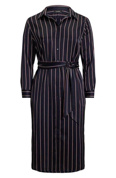 Ralph Lauren Lauren  Stripe Long Sleeve Satin Charmeuse Shirtdress In Blue