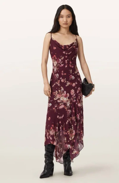 Allsaints Charlotte Floral Handkerchief Hem Midi Dress In Brown