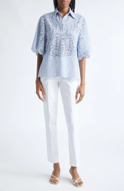 Michael Kors Collection Stripe Floral Lace Shirt In Blue