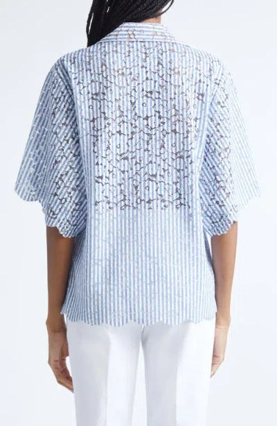 Michael Kors Collection Stripe Floral Lace Shirt In Blue