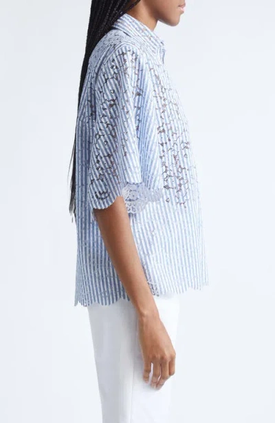 Michael Kors Collection Stripe Floral Lace Shirt In Blue