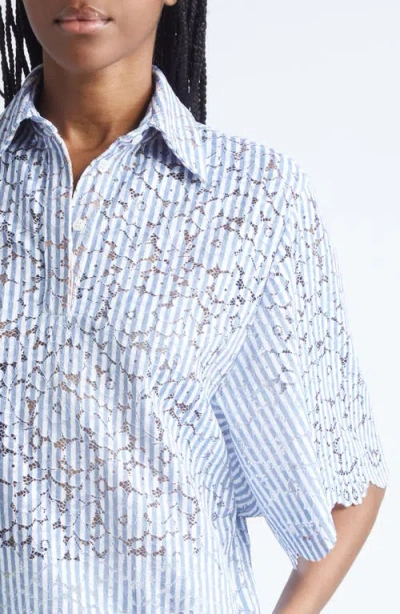 Michael Kors Collection Stripe Floral Lace Shirt In Blue