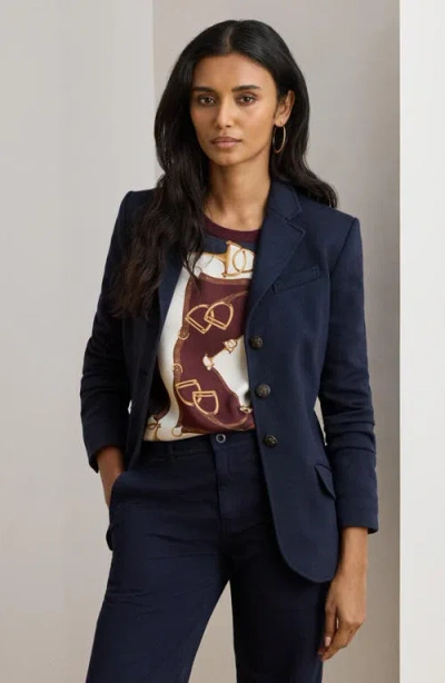 Ralph Lauren Lauren  Herringbone Cotton Blend Jacquard Blazer In Blue