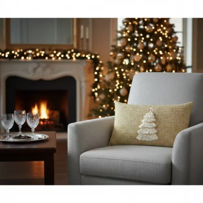 Elaine Smith Fraser Fir Handmade Applique Woven Accent Holiday Pillow In Gold