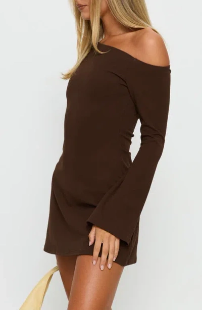 Princess Polly Adrietta One-shoulder Long Sleeve Minidress In Brown