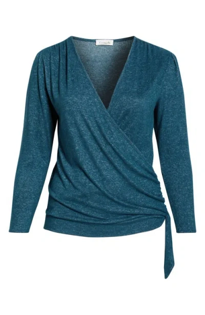 Loveappella Wrap Front Side Tie Knit Top In Blue