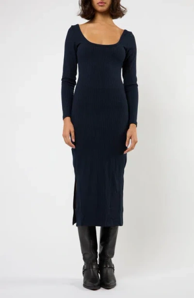 Viens Avec Moi The Flirt Fusion Long Sleeve Rib Dress In Blue