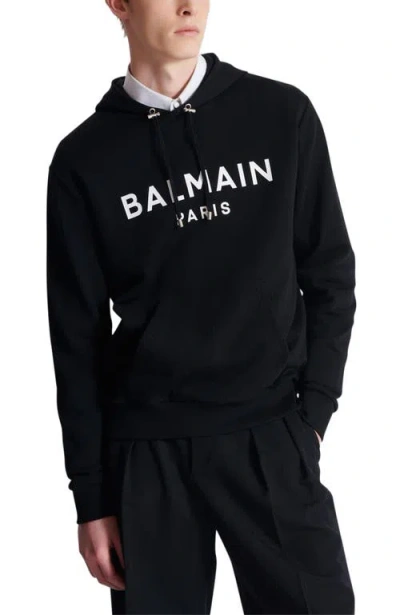 Balmain Logo Printed Drawstring Hoodie In Black