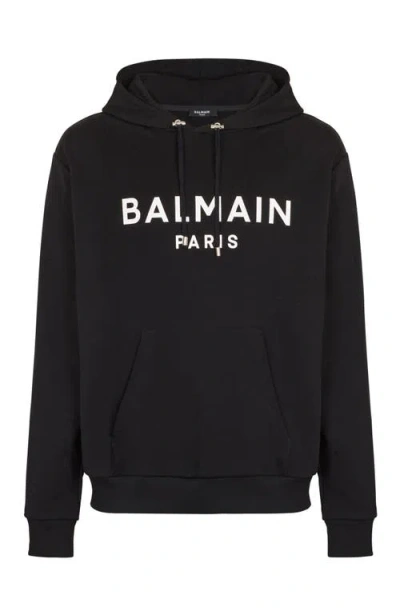 Balmain Logo Printed Drawstring Hoodie In Black