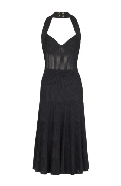 Balmain Halterneck Pleated Knit Midi Dress In Black