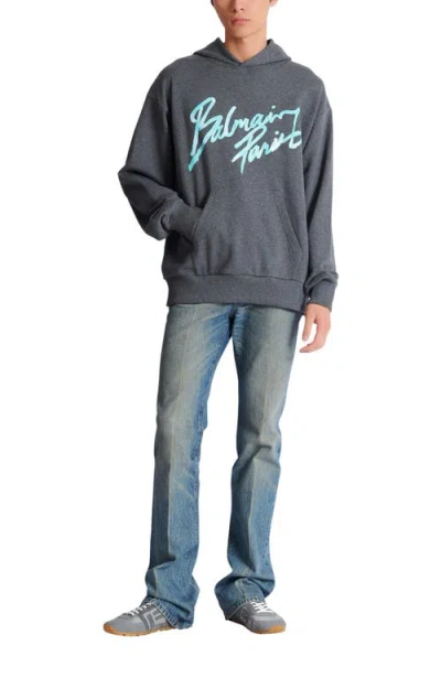 Balmain Printed Cotton Hoodie In Blue