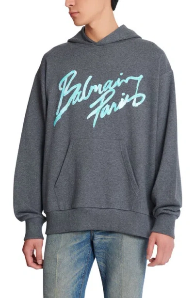 Balmain Printed Cotton Hoodie In Blue