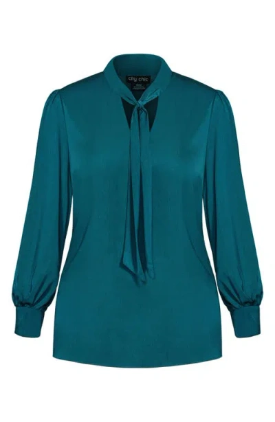 City Chic Chana Charmeuse Bow Blouse In Blue