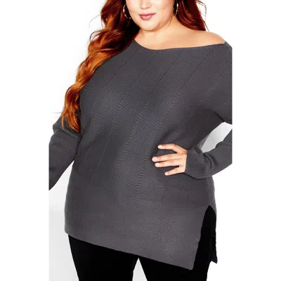 City Chic Madeleine Off-the-shoulder Knit Top In Gray