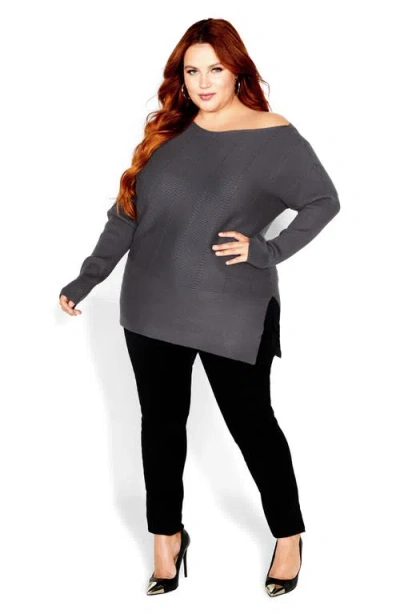 City Chic Madeleine Off-the-shoulder Knit Top In Gray