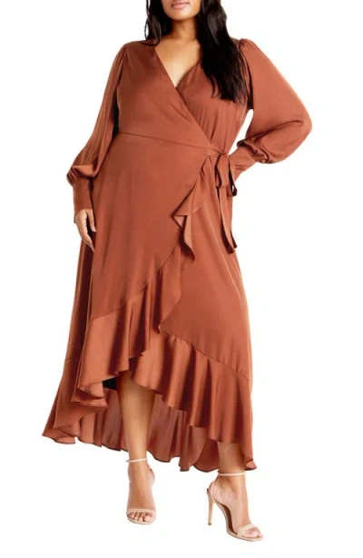 City Chic Marceline Long Sleeve Wrap Maxi Dress In Brown