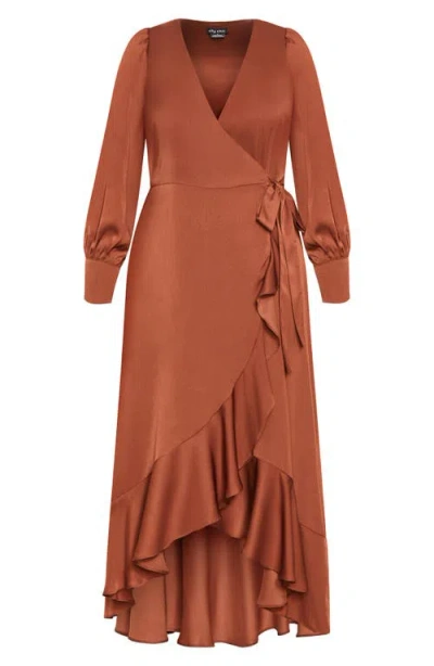 City Chic Marceline Long Sleeve Wrap Maxi Dress In Brown