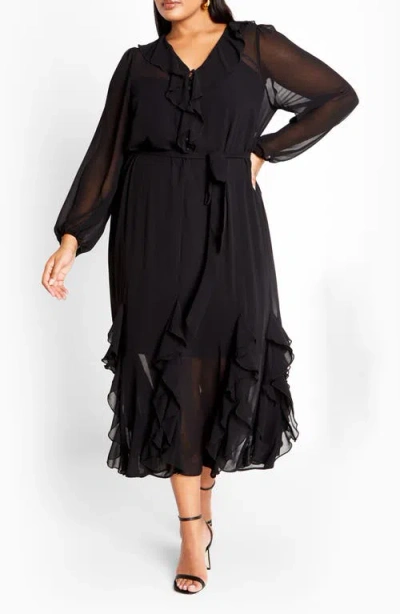 City Chic Bridgette Tie Belt Long Sleeve Button Front Maxi Dress In Black