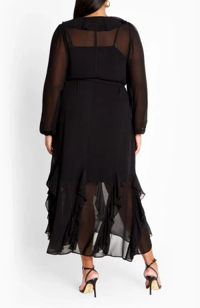 City Chic Bridgette Tie Belt Long Sleeve Button Front Maxi Dress In Black