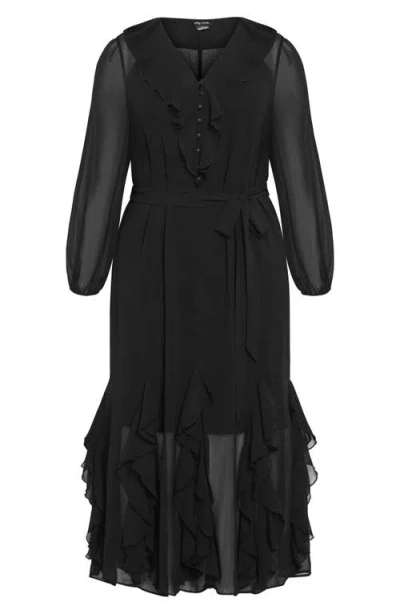 City Chic Bridgette Tie Belt Long Sleeve Button Front Maxi Dress In Black