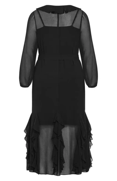 City Chic Bridgette Tie Belt Long Sleeve Button Front Maxi Dress In Black