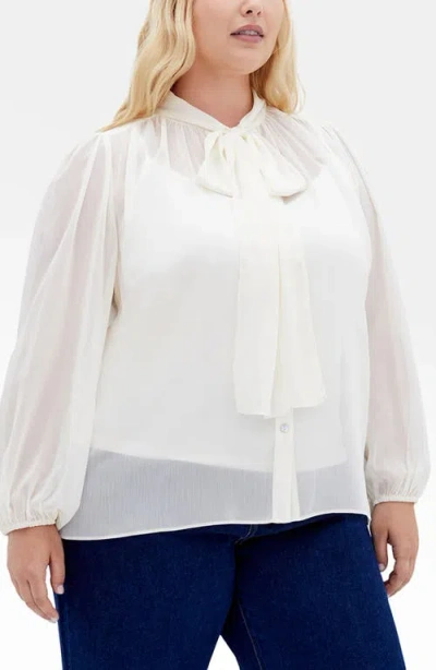 City Chic Seline Tie Neck Chiffon Shirt In White