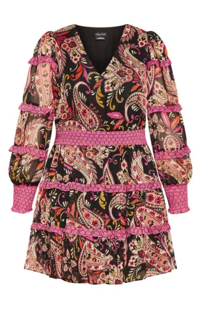 City Chic Iris Metallic Stripe Print Long Sleeve Tiered Dress In Multi