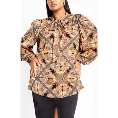 City Chic Mylah Print Tie Neck Shirt In Brown
