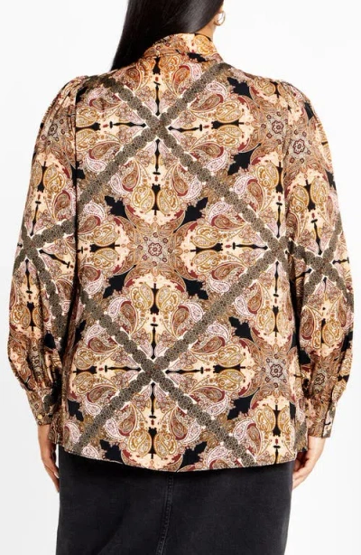 City Chic Mylah Print Tie Neck Shirt In Brown