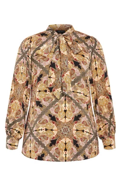 City Chic Mylah Print Tie Neck Shirt In Brown