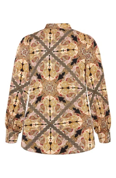 City Chic Mylah Print Tie Neck Shirt In Brown