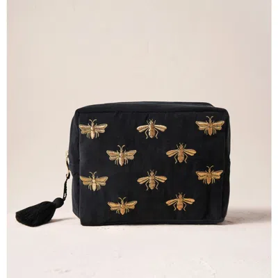 Elizabeth Scarlett Honey Bee Velvet Wash Bag In Black
