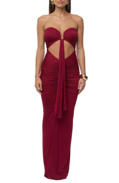 Jluxlabel Drape Cutout Strapless Body-con Maxi Cocktail Dress In Red