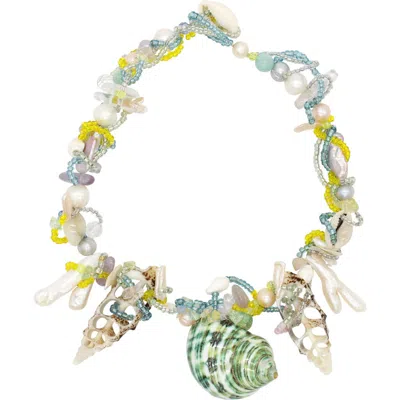 Velvet Luna Seashell And Pearl Statement Necklace In Green