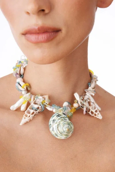 Velvet Luna Seashell And Pearl Statement Necklace In Green