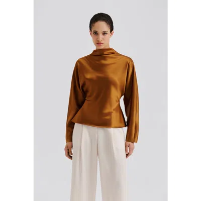 Malina Zora Barrel Sleeve Satin Blouse In Brown