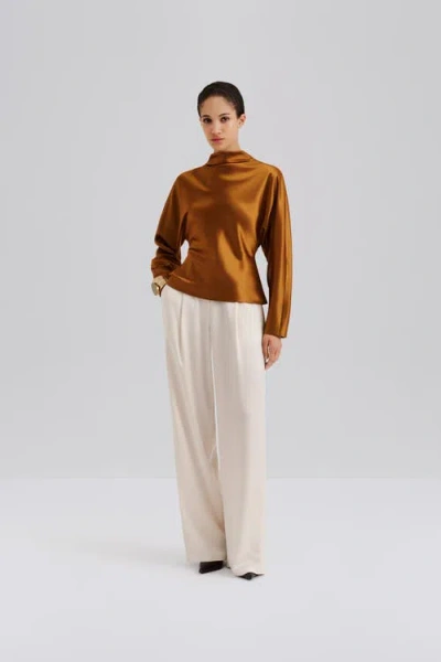 Malina Zora Barrel Sleeve Satin Blouse In Brown