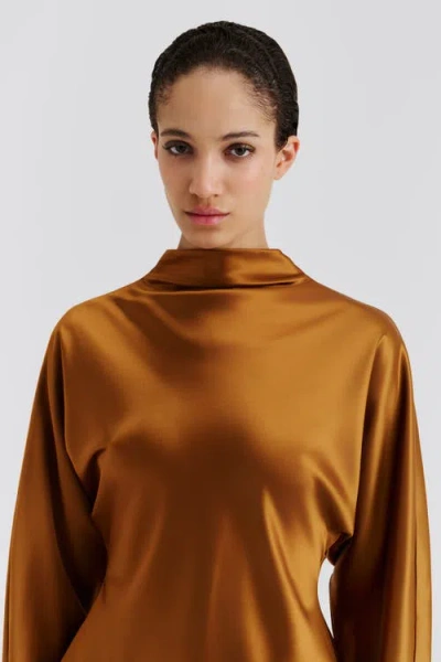 Malina Zora Barrel Sleeve Satin Blouse In Brown