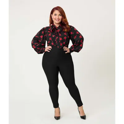 Unique Vintage Plus Size Long Sleeve Neck Tie Gwen Blouse In Black