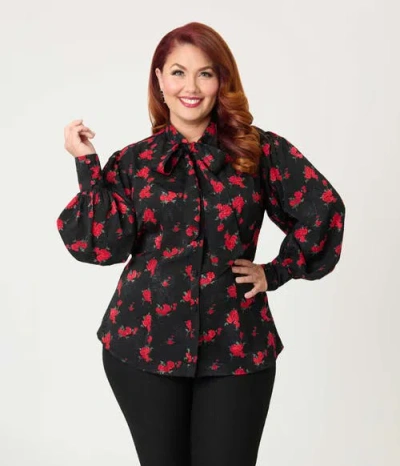 Unique Vintage Plus Size Long Sleeve Neck Tie Gwen Blouse In Black