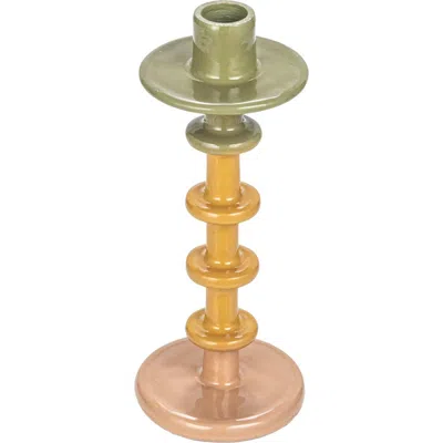 Storied Home Enameled Decorative Metal Taper Candle Holder, Green, Tan And Pink In Multi