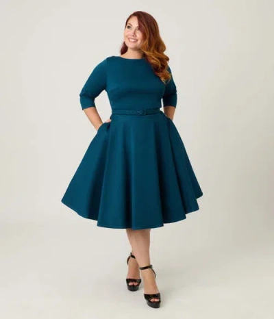 Unique Vintage Plus Size Three Quarter Sleeve Belted Devon Swing Dress In Blue