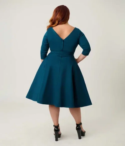 Unique Vintage Plus Size Three Quarter Sleeve Belted Devon Swing Dress In Blue