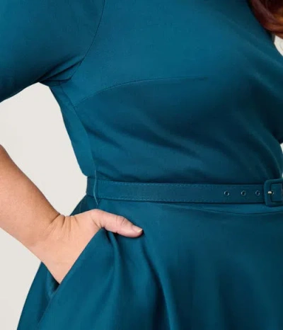 Unique Vintage Plus Size Three Quarter Sleeve Belted Devon Swing Dress In Blue