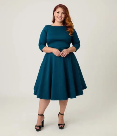 Unique Vintage Plus Size Three Quarter Sleeve Belted Devon Swing Dress In Blue