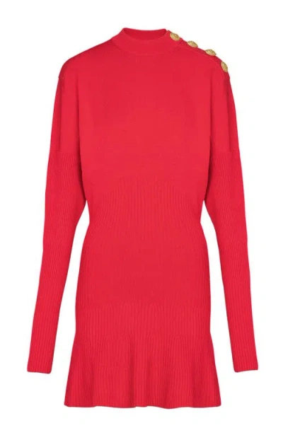 Balmain Button-embellished Knit Dress In Red