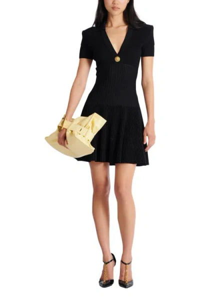Balmain Button-embellished Ribbed Knit Mini Dress In Black