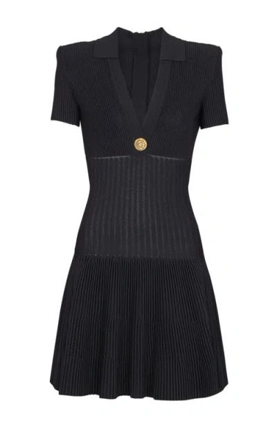 Balmain Button-embellished Ribbed Knit Mini Dress In Black